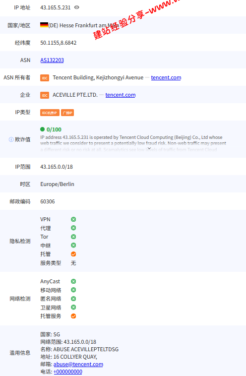 腾讯云德国法兰克福轻量应用服务器网络及IP质量简单测评及结果详解插图4 腾讯云德国法兰克福轻量应用服务器网络及IP质量简单测评及结果详解插图4