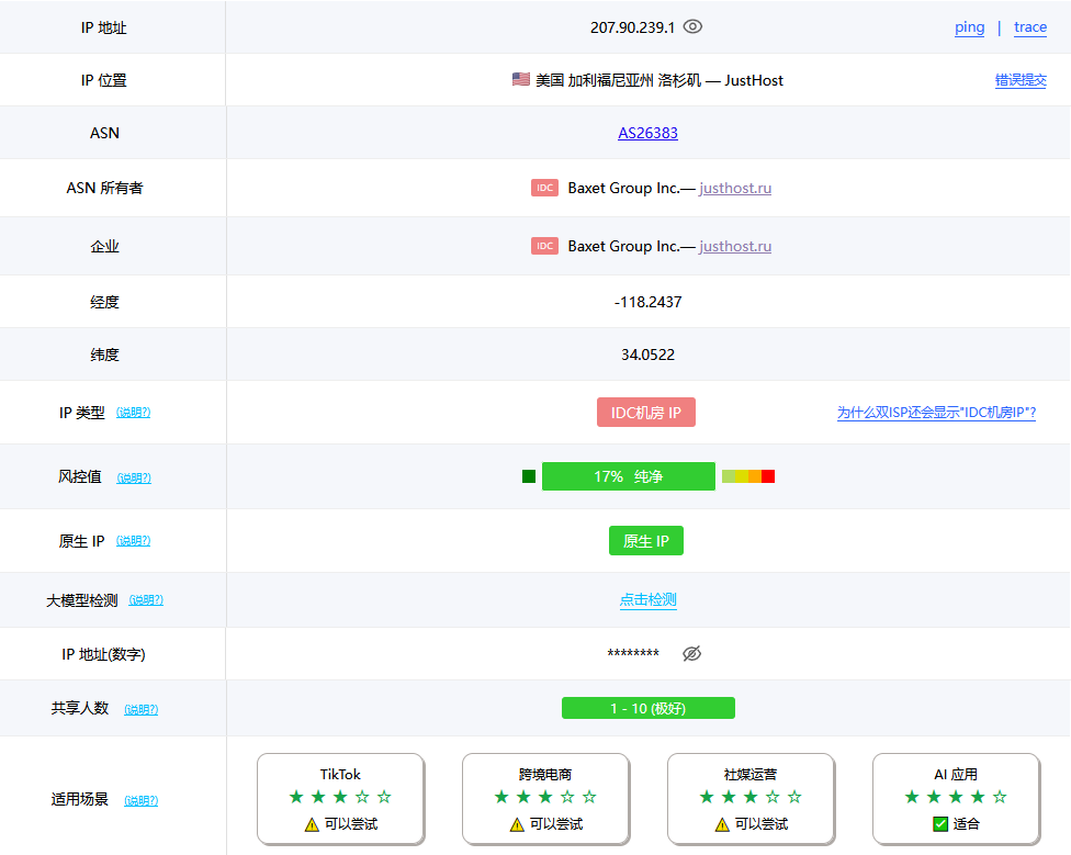 JustHost美国洛杉矶QLA1机房云服务器网络及IP质量简单测评及结果详解插图4 JustHost美国洛杉矶QLA1机房云服务器网络及IP质量简单测评及结果详解插图4