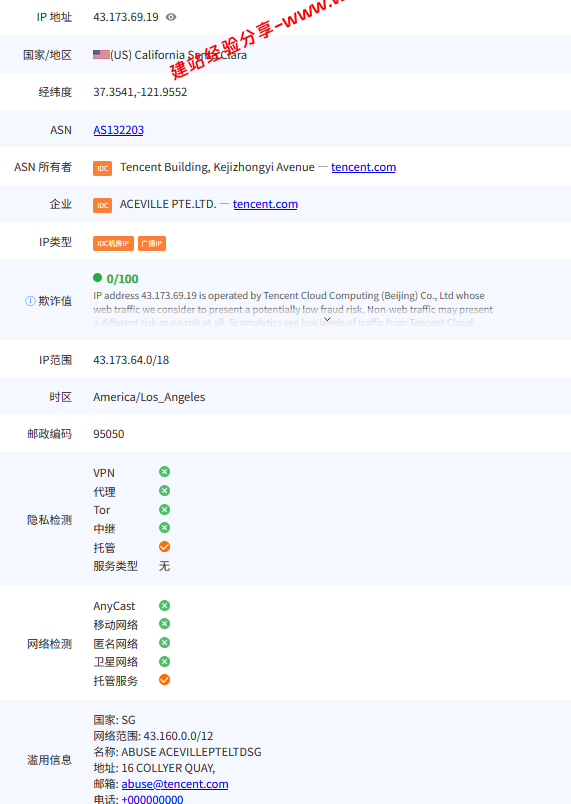 腾讯云美国硅谷轻量应用服务器网络及IP质量简单测评及结果详解插图4